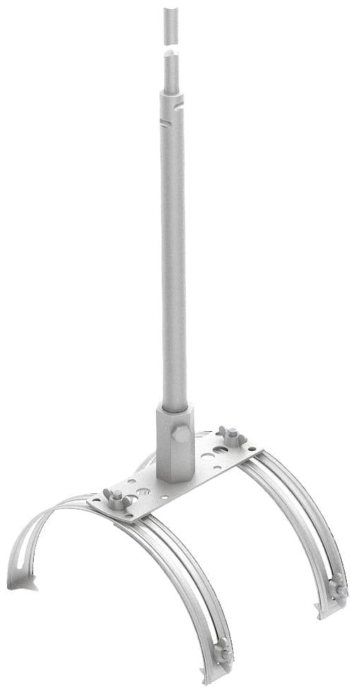 Dispositivo di presa metallico con quattro bracci ricurvi e un manico cilindrico lungo, utilizzato per applicazioni industriali.