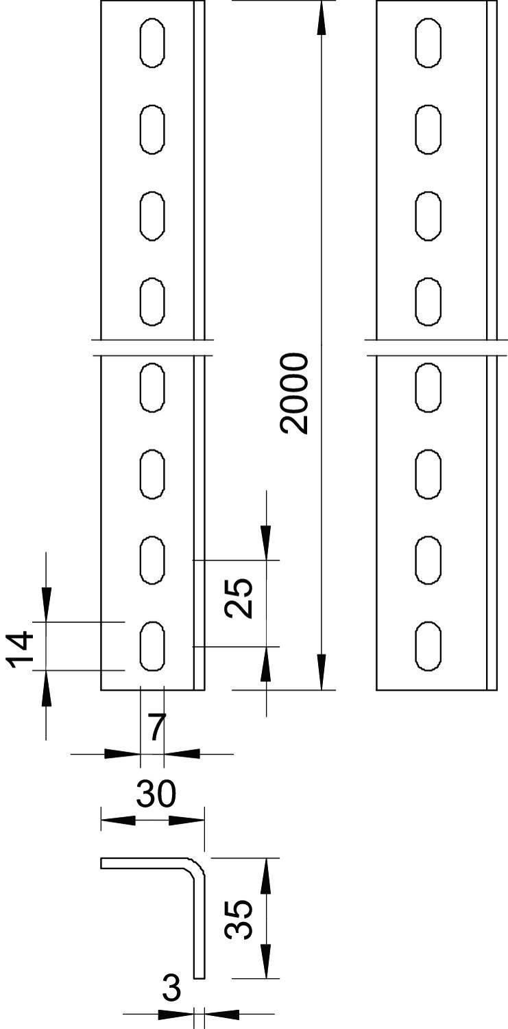 Disegno tecnico di un profilo forato in metallo, alto 2000 mm, con diametri dei fori di 14 mm. Lunghezze dei lati di 30 mm e 35 mm.