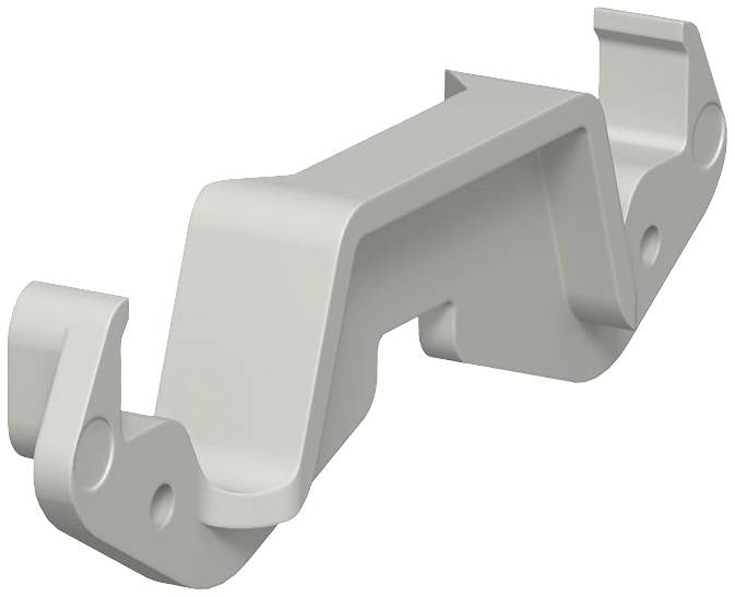 Elemento di fissaggio grigio in plastica con gancio e lati curvi, visto da diversi angoli. Utilizzato nel settore della costruzione di macchine o mobili.