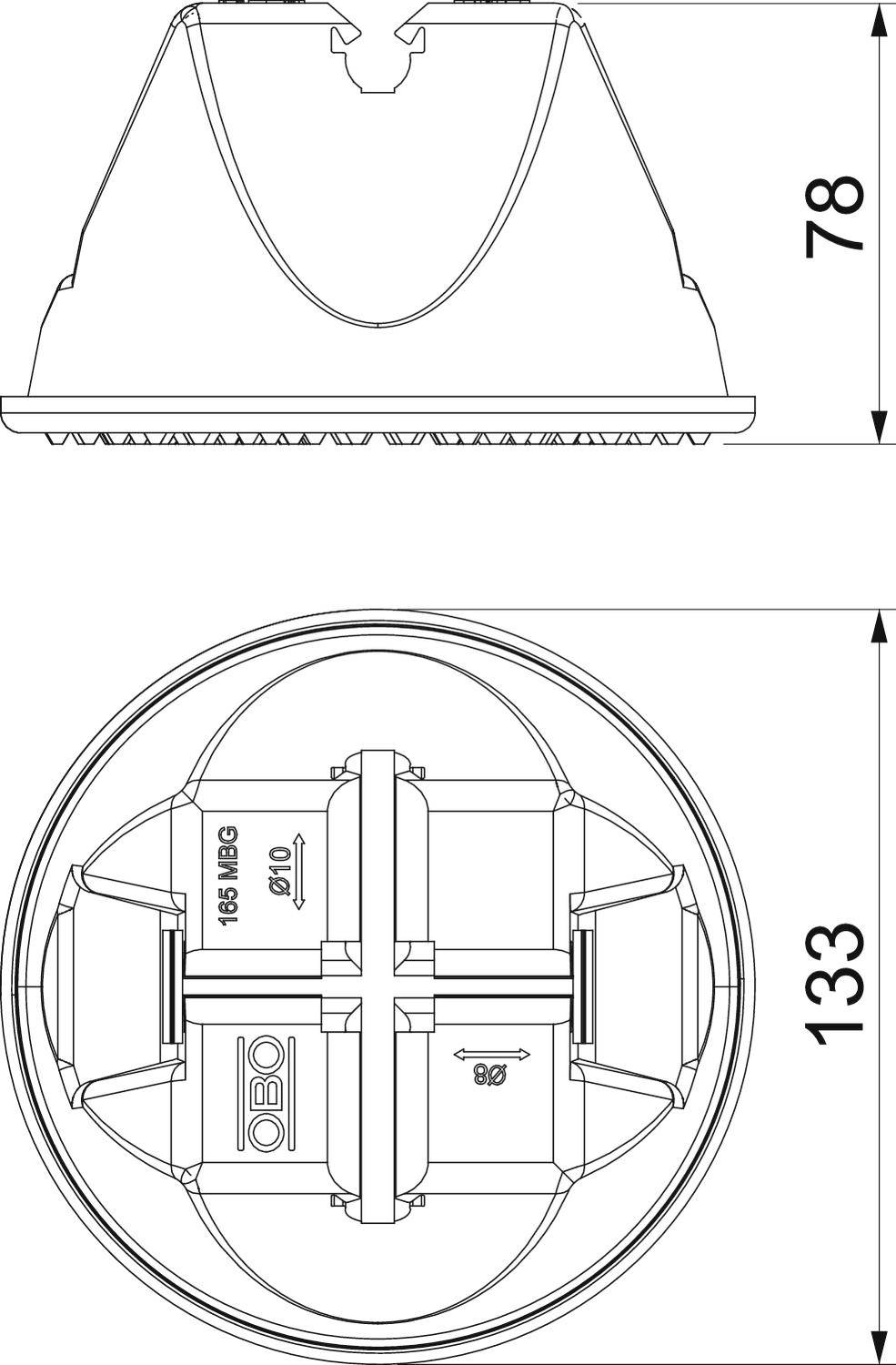 Disegno tecnico di un coperchio in plastica con vista laterale e superiore. Dimensioni: 78 mm in altezza, 133 mm di diametro.
