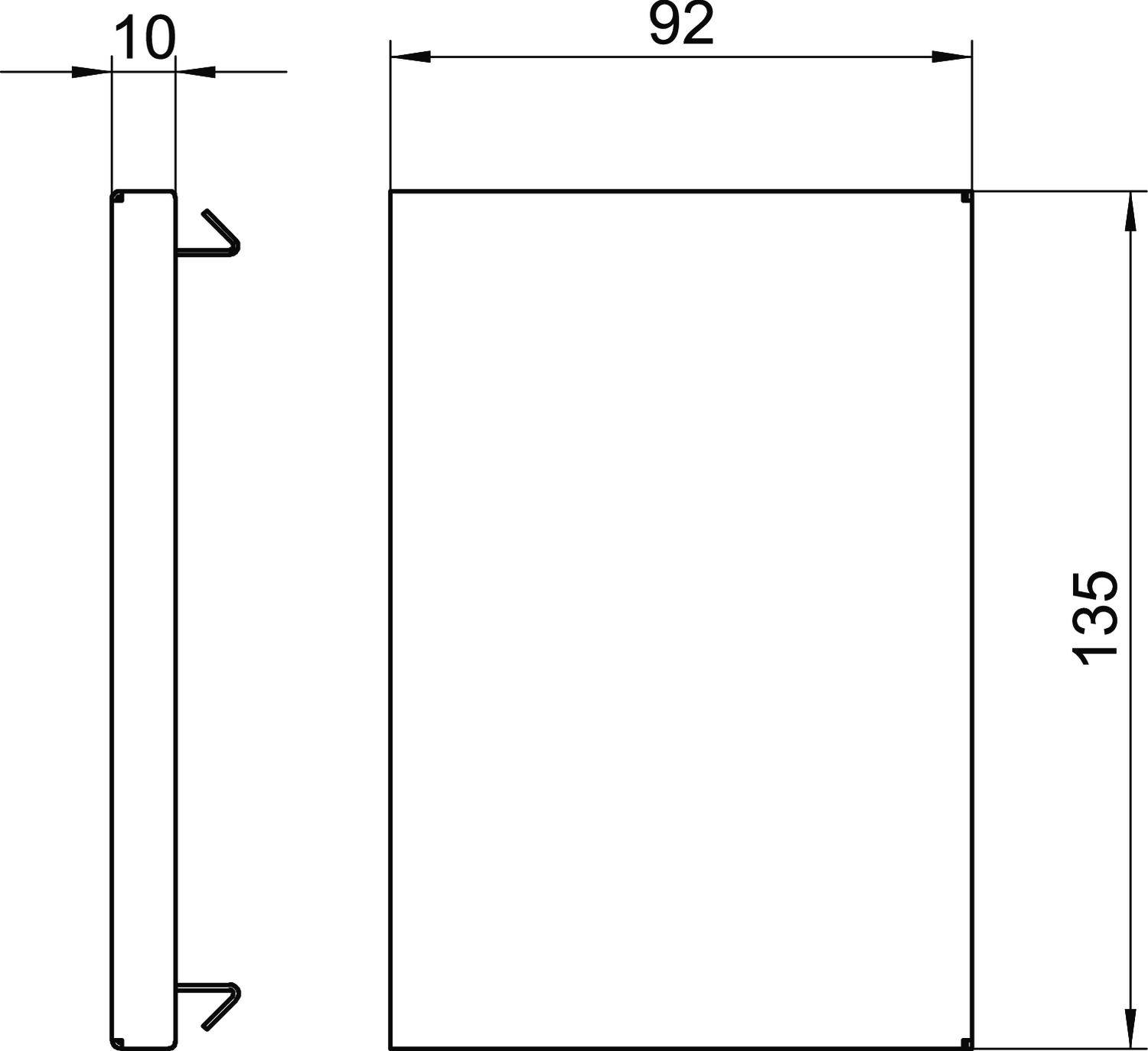 Vista laterale di un disegno tecnico di un oggetto rettangolare con dimensioni: larghezza 92 mm, altezza 135 mm, profondità 10 mm.