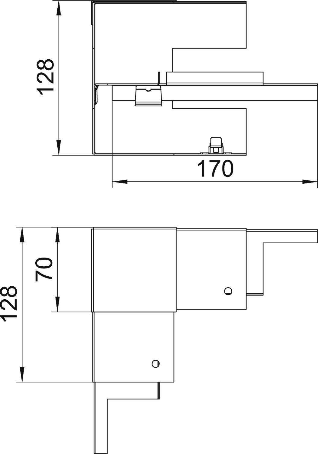 Disegno tecnico di una sezione trasversale con quote: Altezza 128, Larghezza 170, Larghezza aggiuntiva 70. Mostra la struttura e le dimensioni di un componente.
