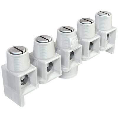 Cinque cappucci bianchi cilindrici in plastica, montati su supporti rettangolari, disposti in fila.