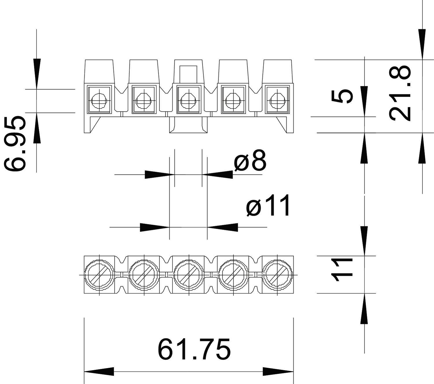 Disegno tecnico di un connettore con dimensioni: lunghezza 61,75 mm, larghezza 21,8 mm, altezza 6,95 mm. Diametro dei fori 8 mm e 11 mm.