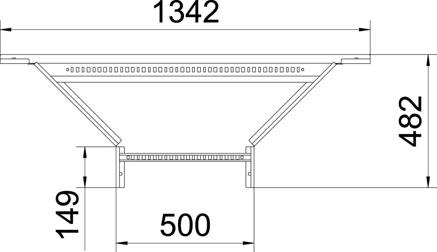 Disegno tecnico di un componente con misure: larghezza 1342 mm, altezza 482 mm, altre misure 149 mm e 500 mm, mostra la sezione trasversale.