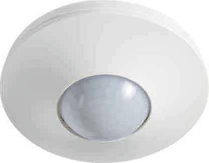 Un rilevatore di movimento da soffitto bianco dal design circolare.
