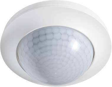 Rilevatore di movimento da soffitto con involucro bianco e copertura rotonda, utilizzato per rilevare movimenti e controllare automaticamente l'illuminazione.