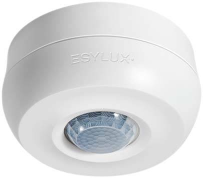 Rilevatore di movimento da soffitto bianco con lente blu, adatto per il controllo automatico dell'illuminazione in ambienti interni.