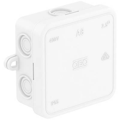 Un quadro di distribuzione bianco, rettangolare, con la scritta 'OBO A8 400V IP55' e diversi passacavi circolari sui lati.