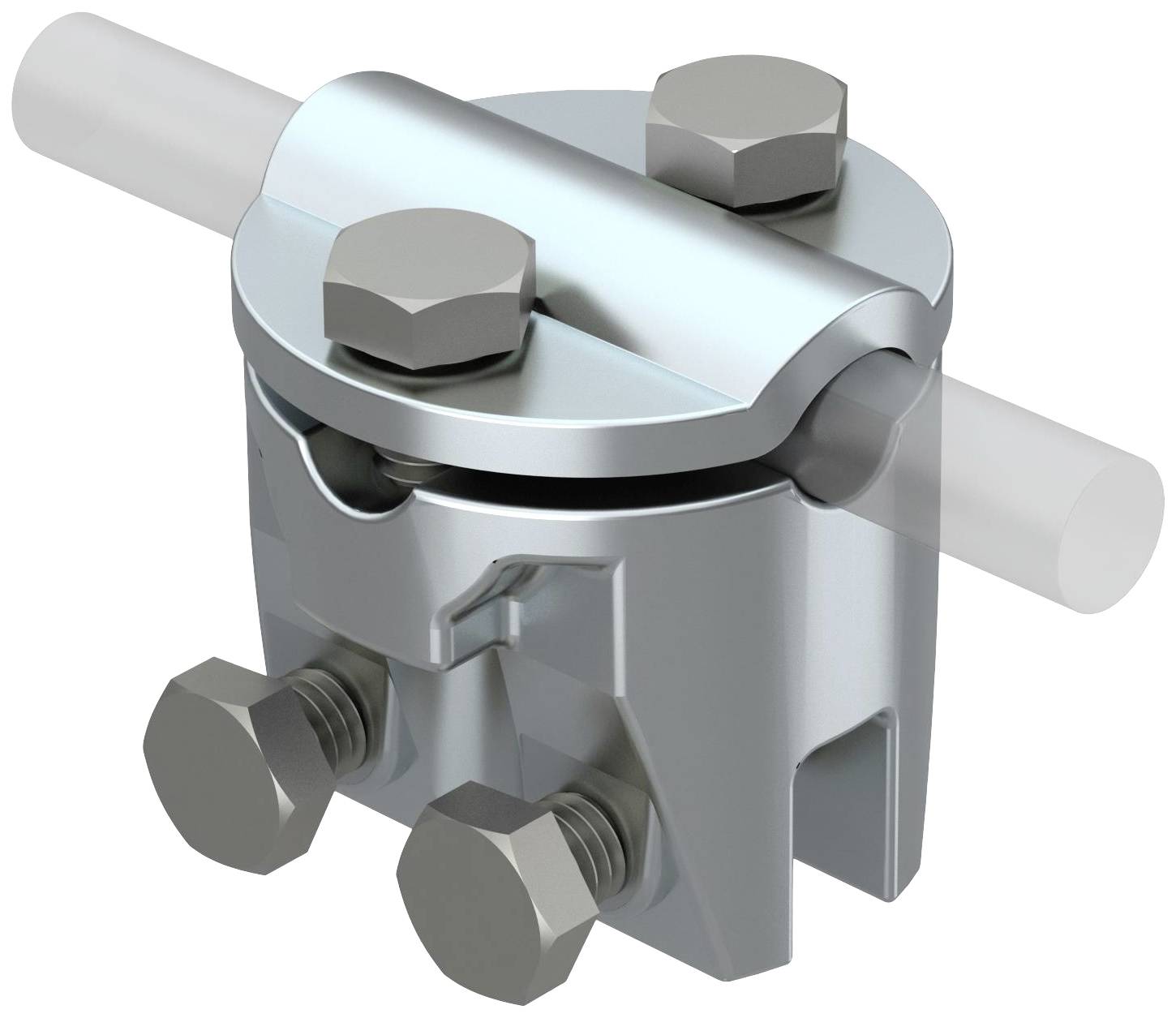 'Morsetto di terra in metallo con due viti e bullone per fissare un cavo.'