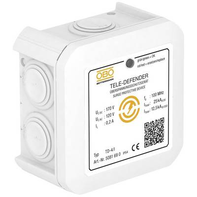 Dispositivo di protezione da sovratensione 'TELE-DEFENDER' di OBO Bettermann. Dati tecnici: 170V corrente continua, 120V corrente alternata, corrente massima 25kA.