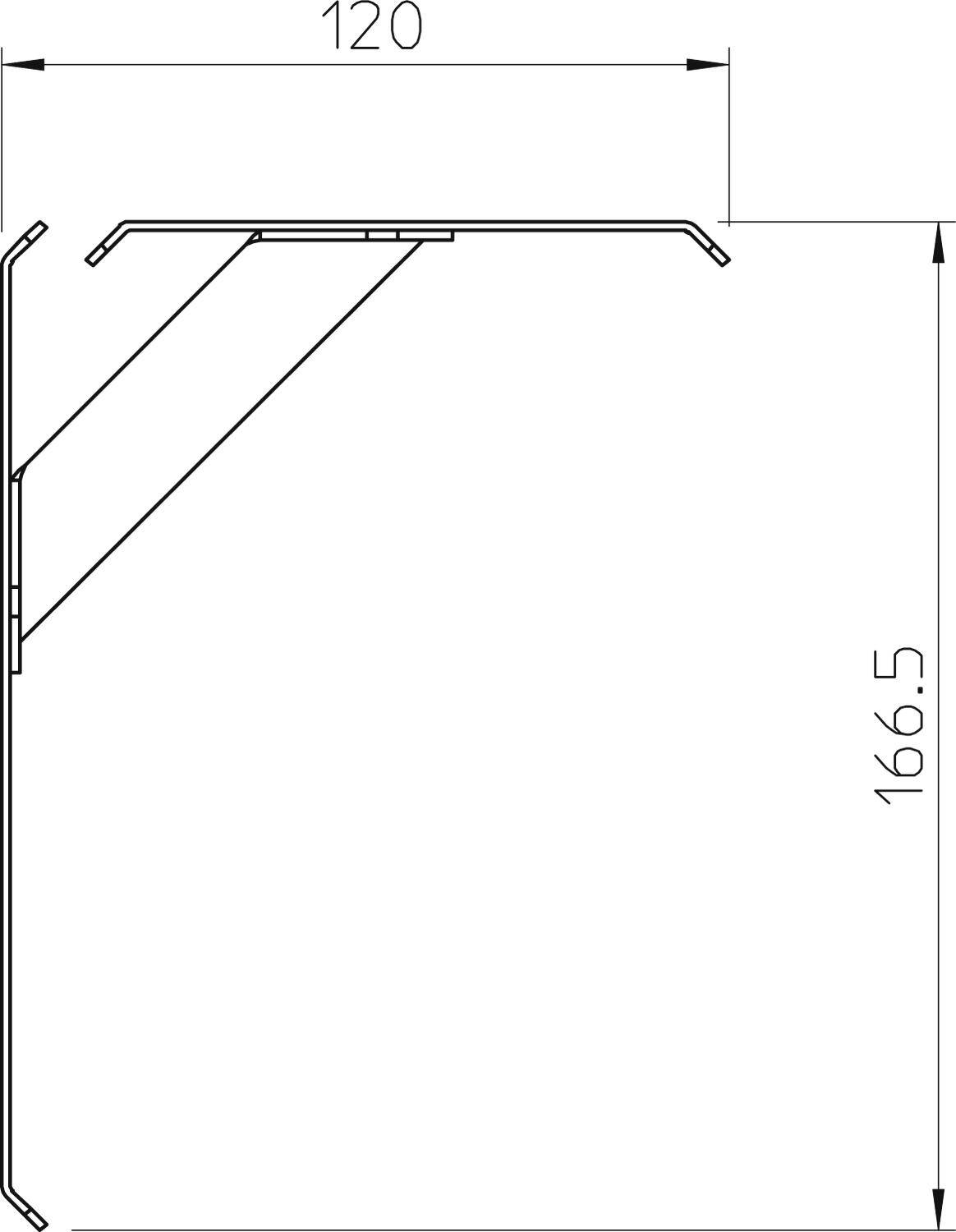 Disegno tecnico di una sezione profilo con dimensioni di 120 di larghezza e 166,5 di altezza, che mostra i dettagli della forma e del cablaggio.