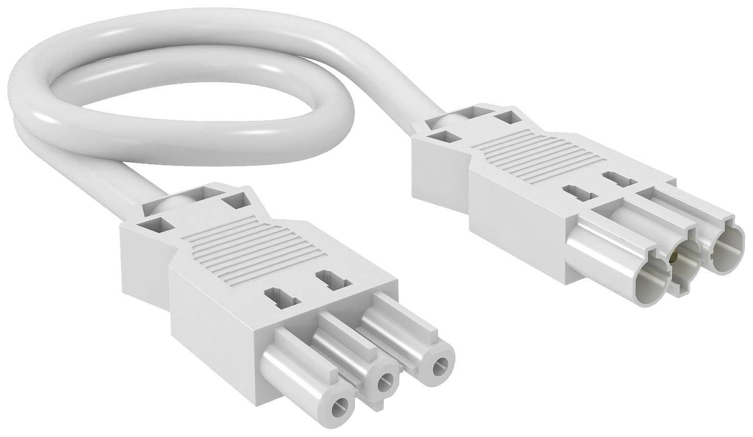 Cavo bianco con due spine elettriche alle estremità, ciascuna con un collegamento a tre poli.