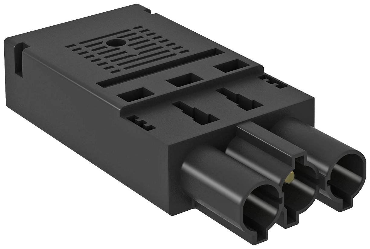 Connettore elettronico nero-grigio con tre connessioni circolari e alloggiamento rettangolare.