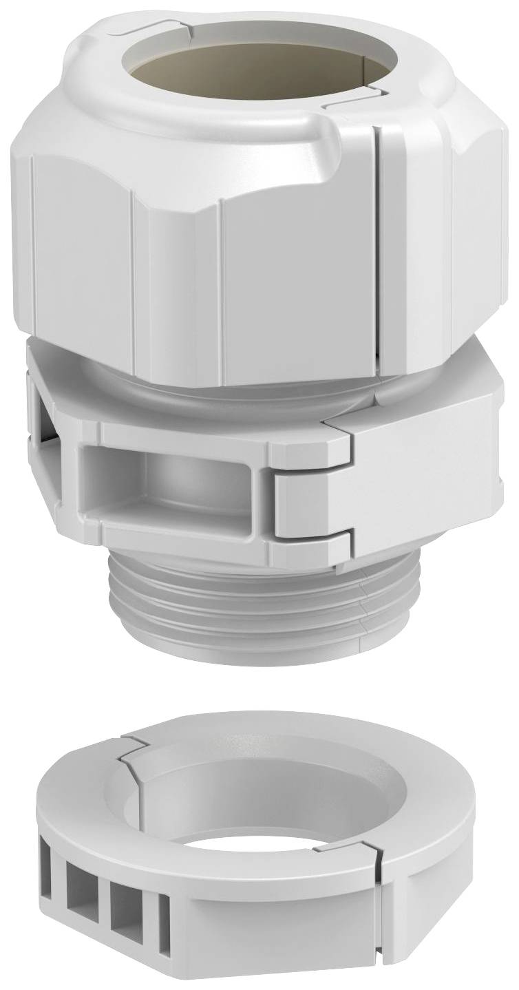 Raccordo passacavo in plastica bianca, composto da un corpo principale filettato e da una guarnizione separata.