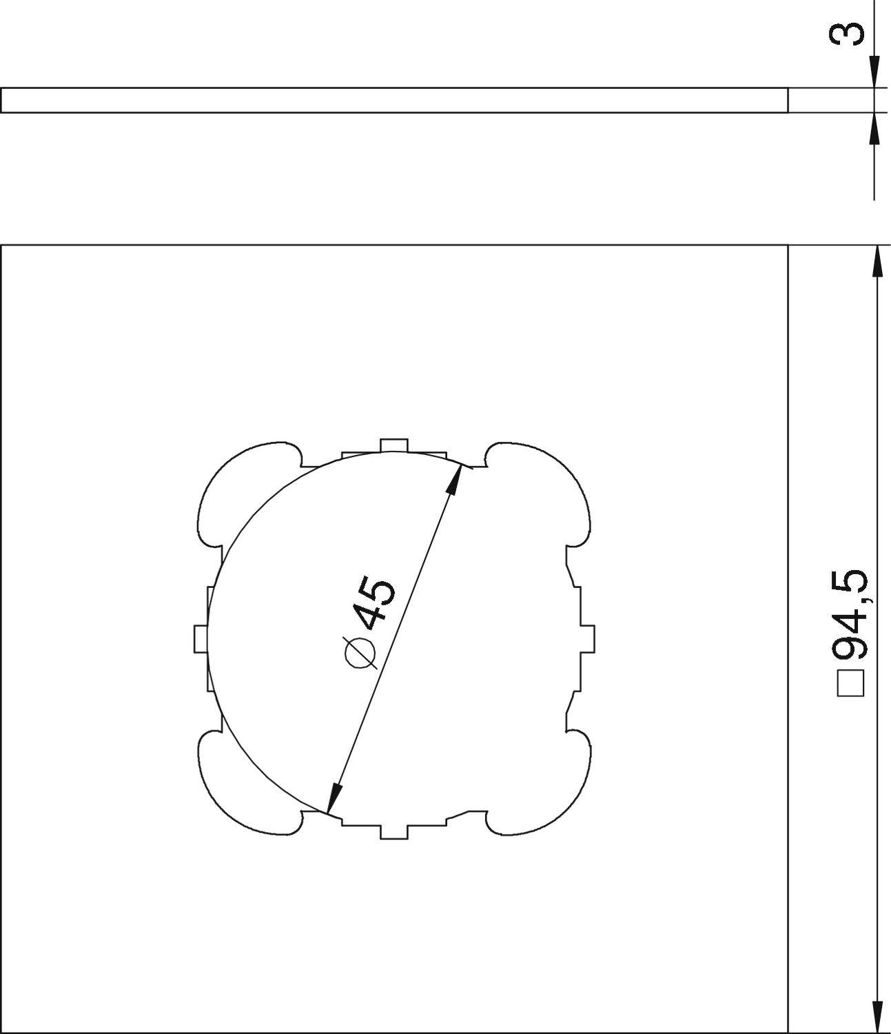 Disegno tecnico di un cubo con un taglio circolare all'interno, diametro 45 mm. Dimensioni esterne del cubo: 94,5 mm.