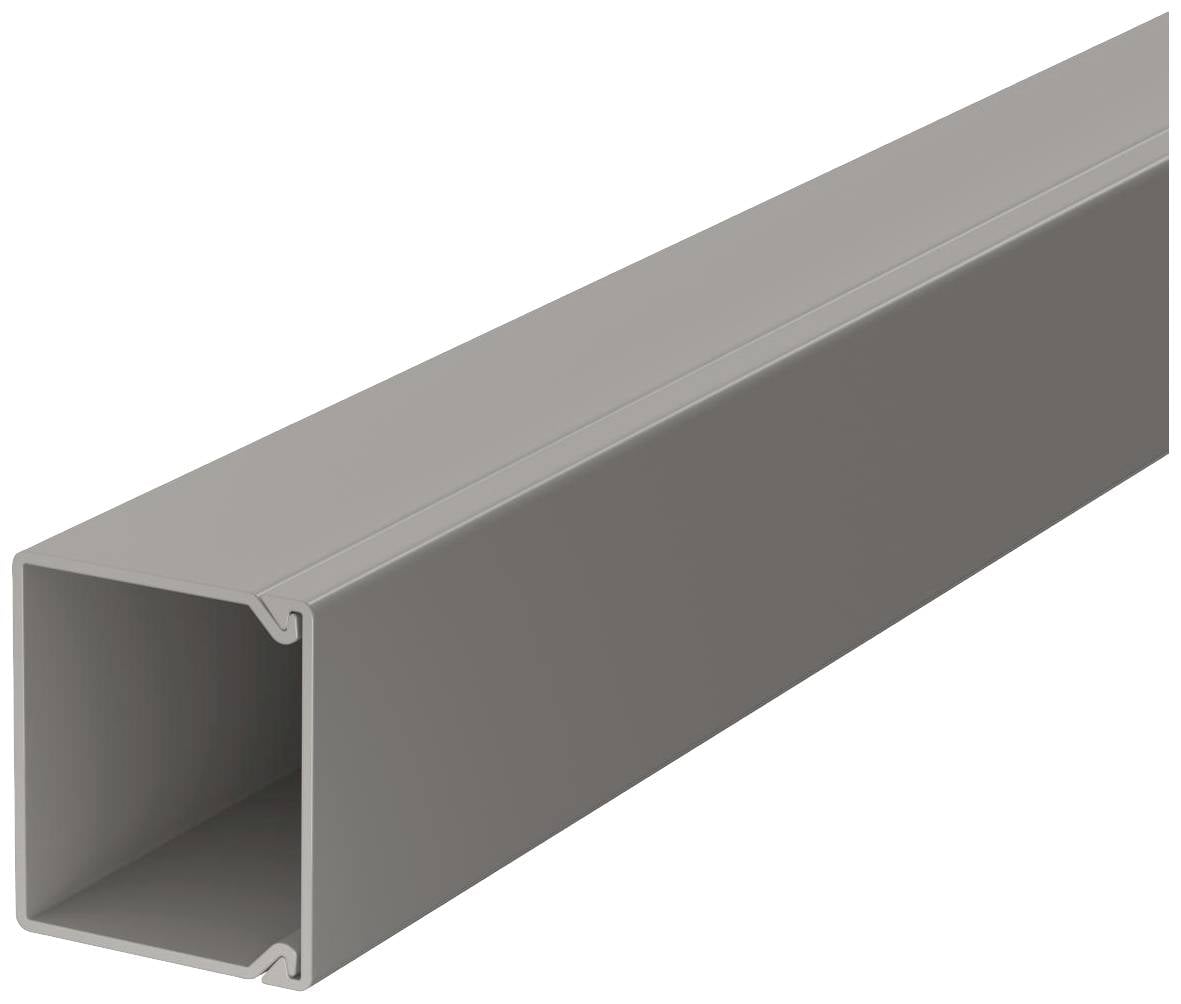 Canale per cavi grigio, rettangolare in plastica, vista laterale.