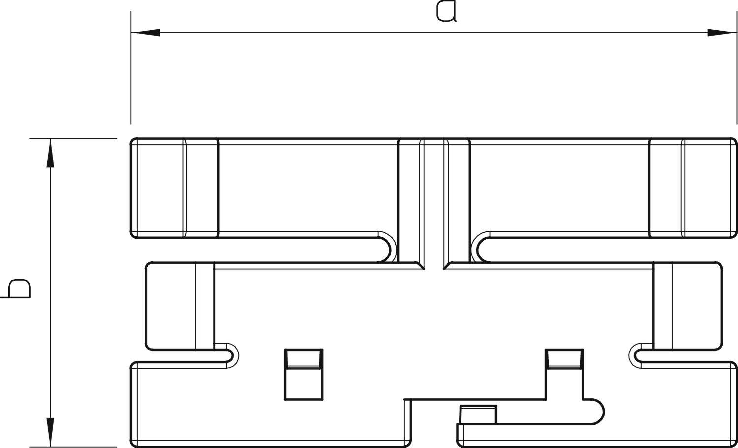 Disegno tecnico di un componente con dimensioni contrassegnate 'a' e 'b'; mostra una forma rettangolare e simmetrica.