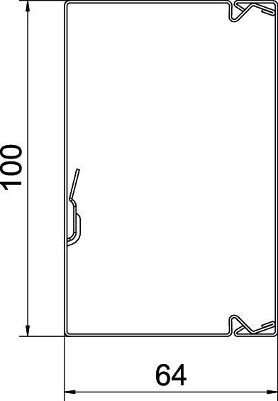 Disegno tecnico rettangolare di un componente con quote: altezza 100 unità, larghezza 64 unità.