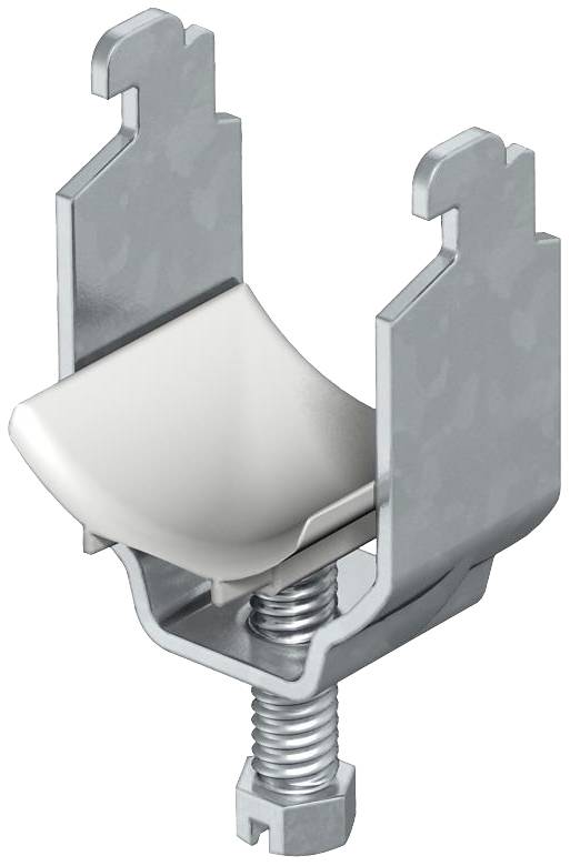 Fascetta metallica con vite e supporto in plastica, per fissare tubi o cavi su superfici, con meccanismo regolabile.