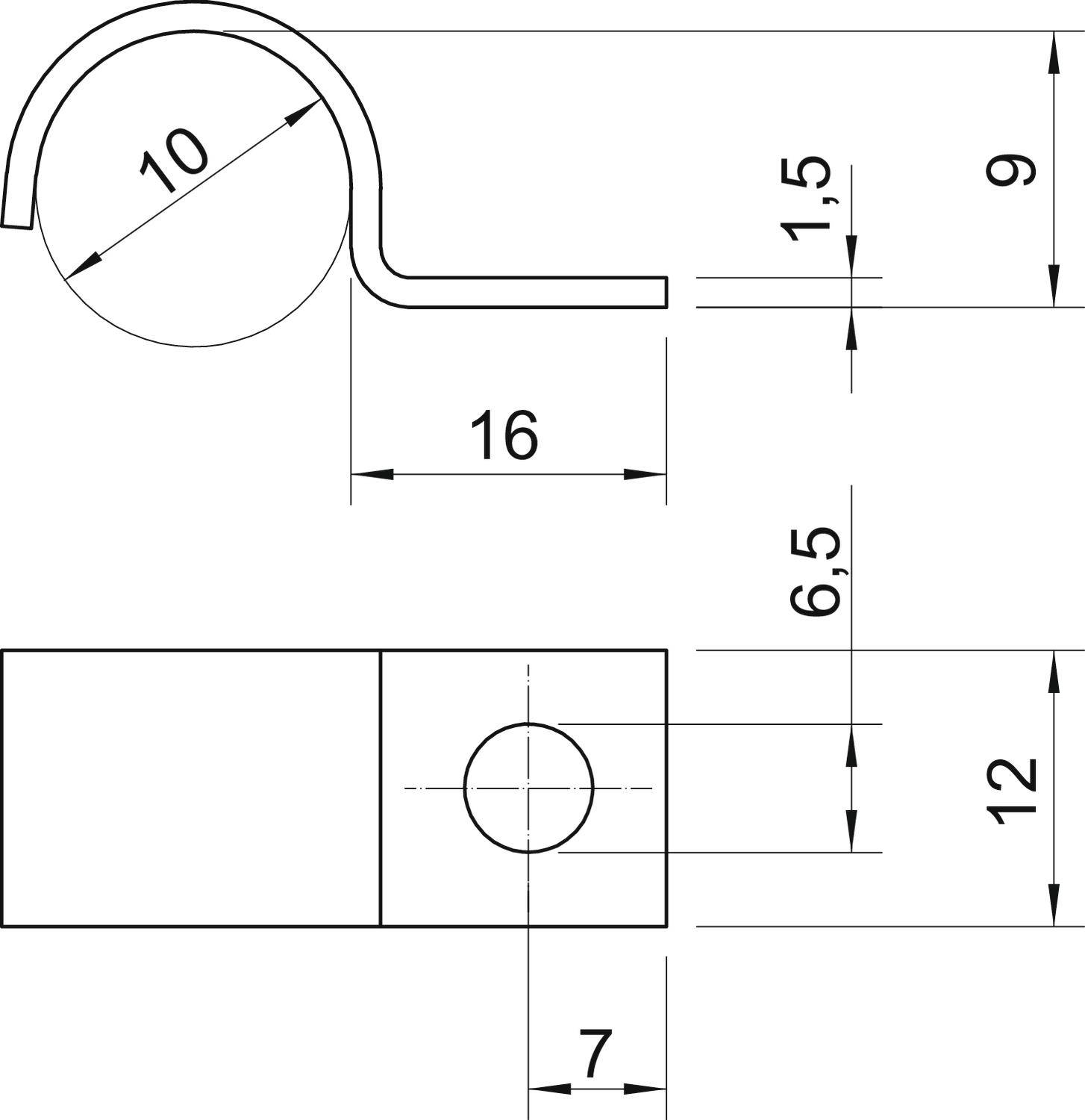 Disegno tecnico di un componente a L con elemento di piegatura, misure in millimetri: raggio 10, altezza 9, larghezza 16, foro 6,5, altezza totale 12.
