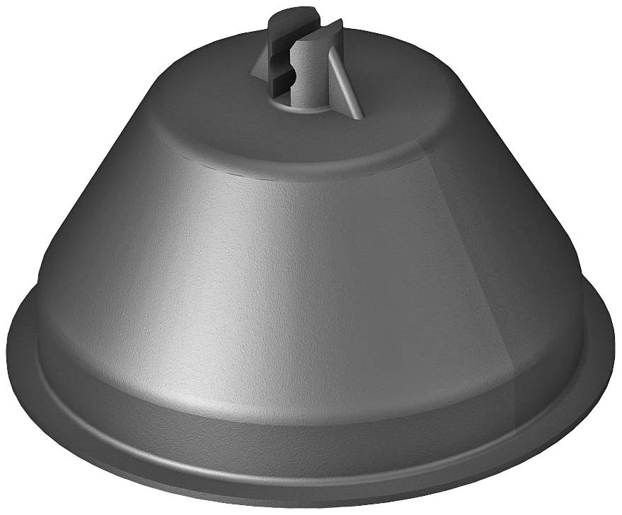 Componente metallico a forma di cono con lati dritti. Nella parte superiore sono presenti scavi simmetrici per il collegamento o il fissaggio.