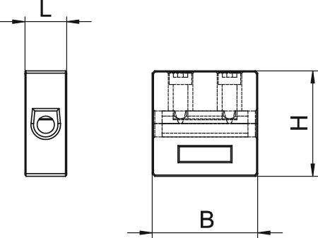 Disegno tecnico di un connettore con dimensioni: Lunghezza (L), Larghezza (B) e Altezza (H). Vista frontale e laterale, dettagli dei contatti visibili.