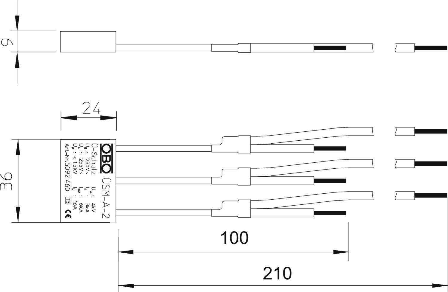 'Diagramma del scaricatore di corrente OBO USM-A 4.2 con specifiche tecniche. Dimensioni: 210 mm totali, 100 mm modulo, 24 mm altezza involucro.'