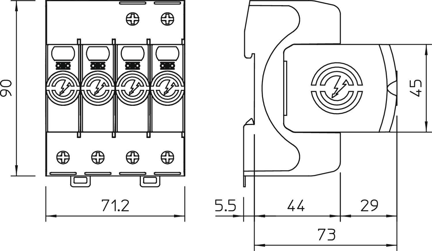 Disegno tecnico di un portafusibile elettrico con dimensioni dettagliate. Sono rappresentate le viste laterale e frontale.
