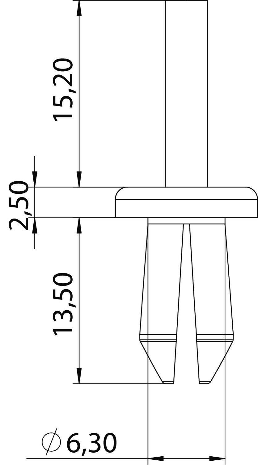 Disegno tecnico di un bullone. Il bullone ha un diametro di 6,30 mm, un'altezza di 13,50 mm, uno strato aggiuntivo di 2,50 mm, per un totale di 15,20 mm.