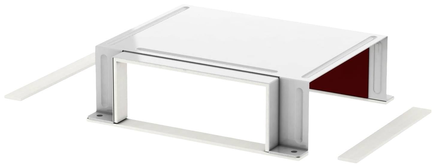 Un contenitore metallico bianco rettangolare con lati aperti e parti di montaggio separate.