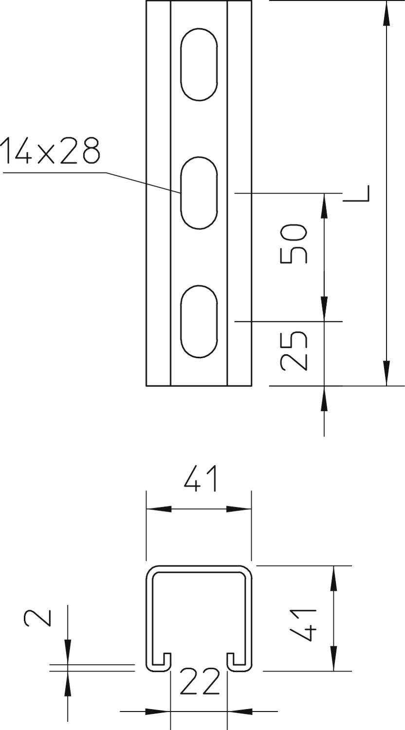 Disegno tecnico di un profilo a C. Misure: fori 14x28 mm, distanza 50 mm. Larghezza del profilo 41 mm, profondità del profilo 22 mm, spessore del materiale 2 mm.