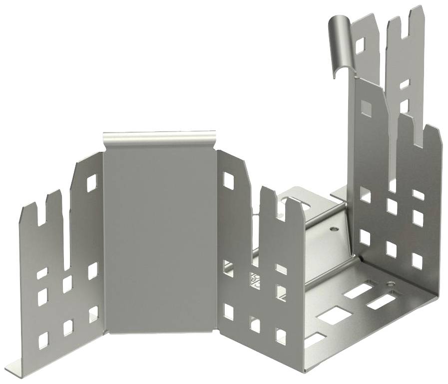 Dispositivo metallico-argentato con superfici rettangolari perforate e diversi scompartimenti.