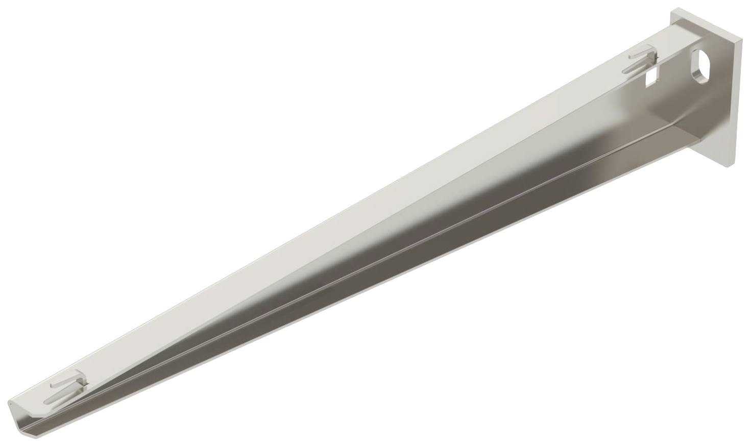 Singolo supporto metallico per scaffalatura, forma triangolare, con due fessure per il fissaggio, visto dall'alto.