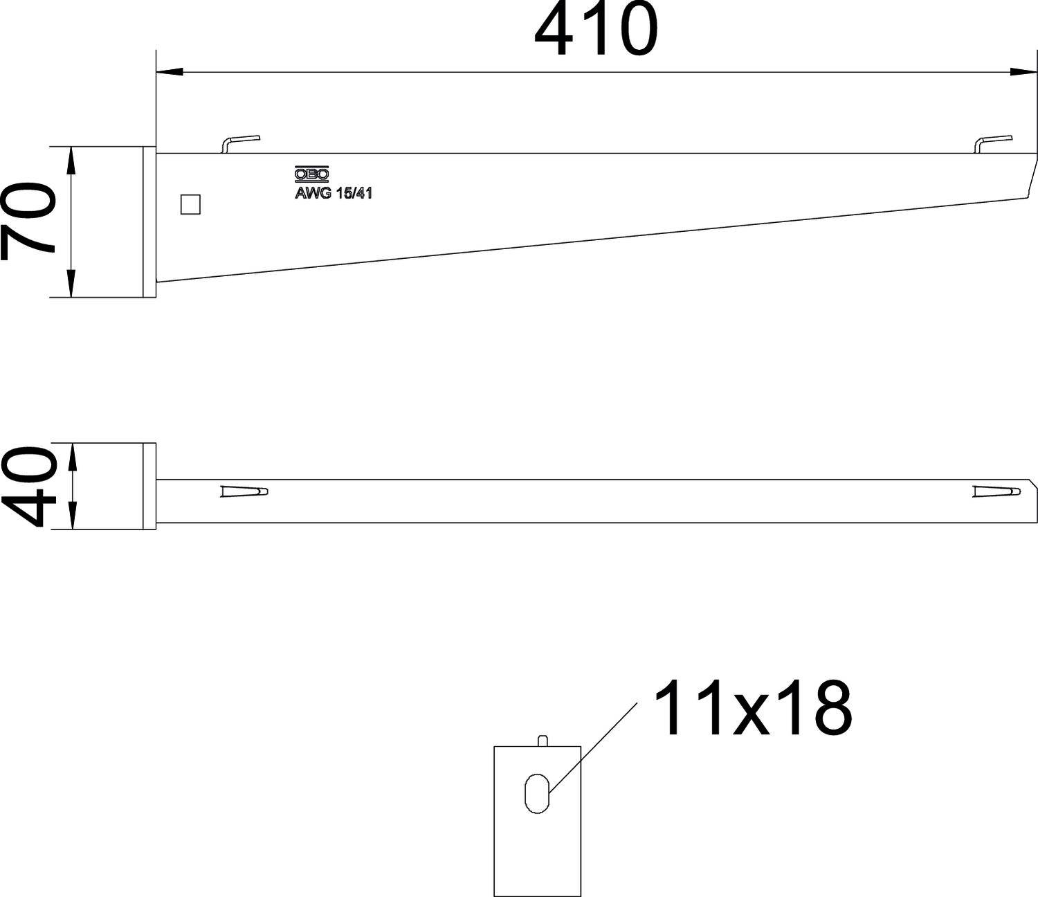 Disegno tecnico di un pezzo metallico a forma di cuneo con dimensioni di 410 mm di lunghezza, 70 mm di larghezza e 40 mm di altezza. Riporta la scritta 'AWG 154/1'.