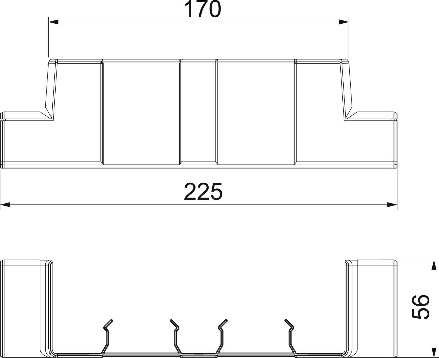 Disegno tecnico di un componente con quote: Larghezza 225 mm, Altezza 56 mm, Profondità 170 mm. Mostra la vista frontale e laterale.