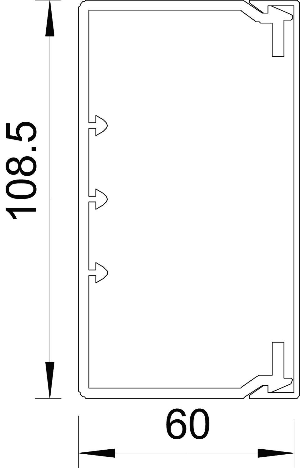 'Profilo trasversale con misure di 108,5 mm di altezza e 60 mm di larghezza.'