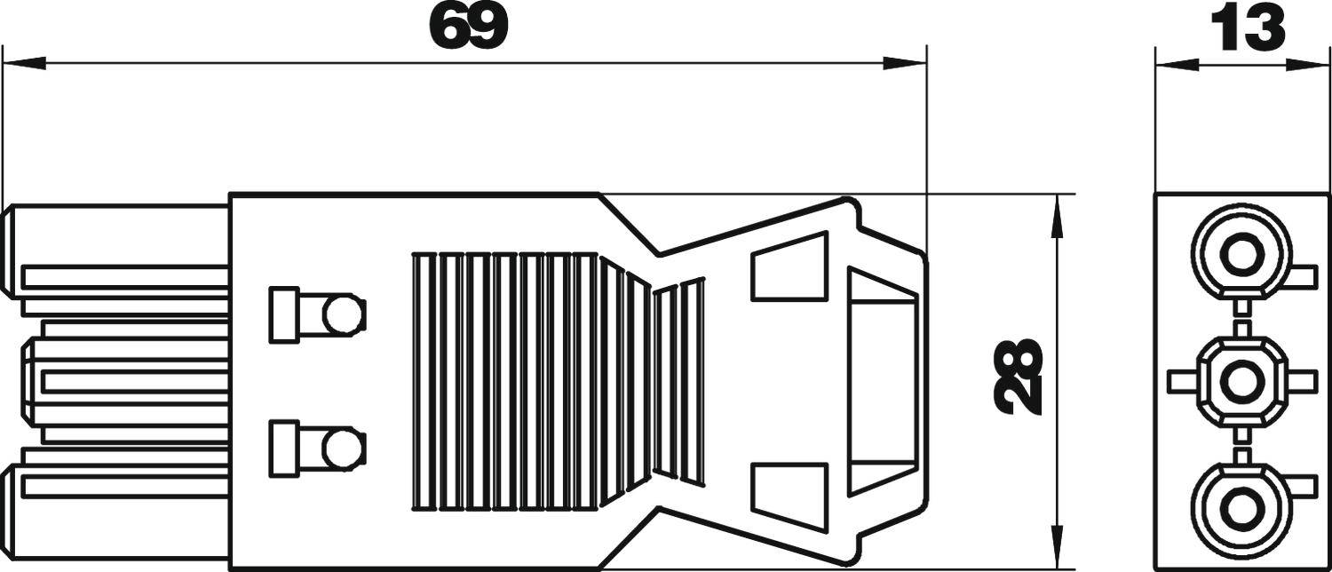 Disegno tecnico di un connettore con dimensioni: Lunghezza 69 mm, Larghezza 13 mm, Altezza 28 mm. Mostra una sezione dettagliata.