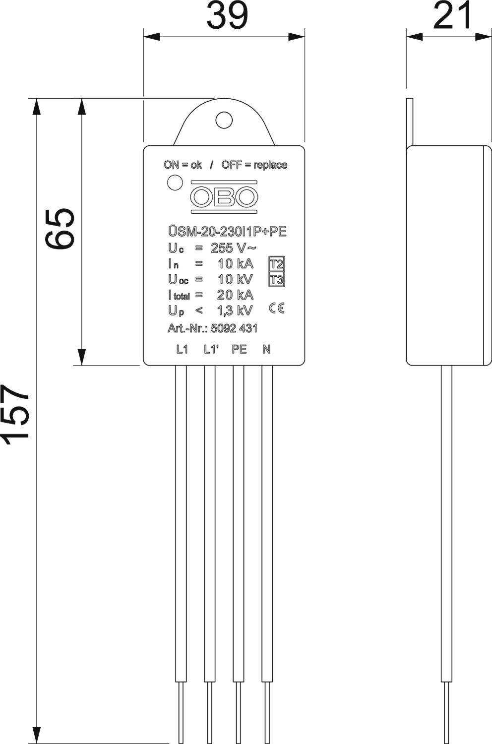 'Componente elettrica OSM-20-230/1+PE con dimensioni 157x39x21 mm, specifiche tecniche: Uc 255V~, In 10 kA, Imax 20 kA, Up 1,3 kV.'