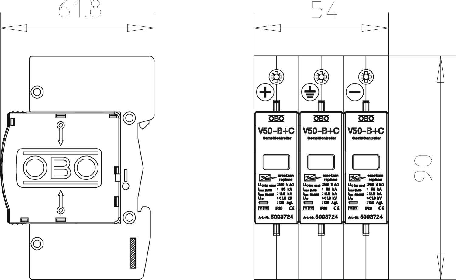 Illustrazione di un dispositivo di protezione contro le sovratensioni con numero di modello V50-B+C di OBO. Sono mostrati i collegamenti e le dimensioni tecniche.