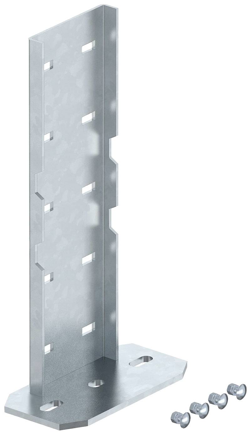 Angolo metallico con fori, accanto a quattro viti. L'angolo ha una forma a L e probabilmente serve per fissare o collegare componenti.