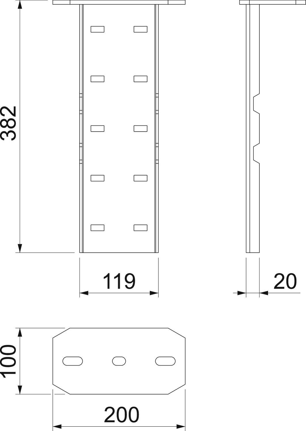 Disegno tecnico di un profilo metallico con dimensioni: altezza 382 mm, larghezza 119 mm, profondità 20 mm; piastra inferiore alta 100 mm, larga 200 mm.