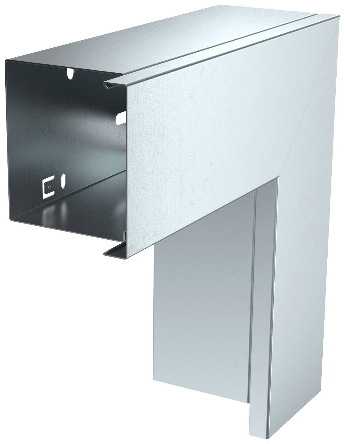 Elemento metallico ad angolo, presumibilmente parte di un sistema di ventilazione o aspirazione, composto da due lamiere collegate ad angolo retto.