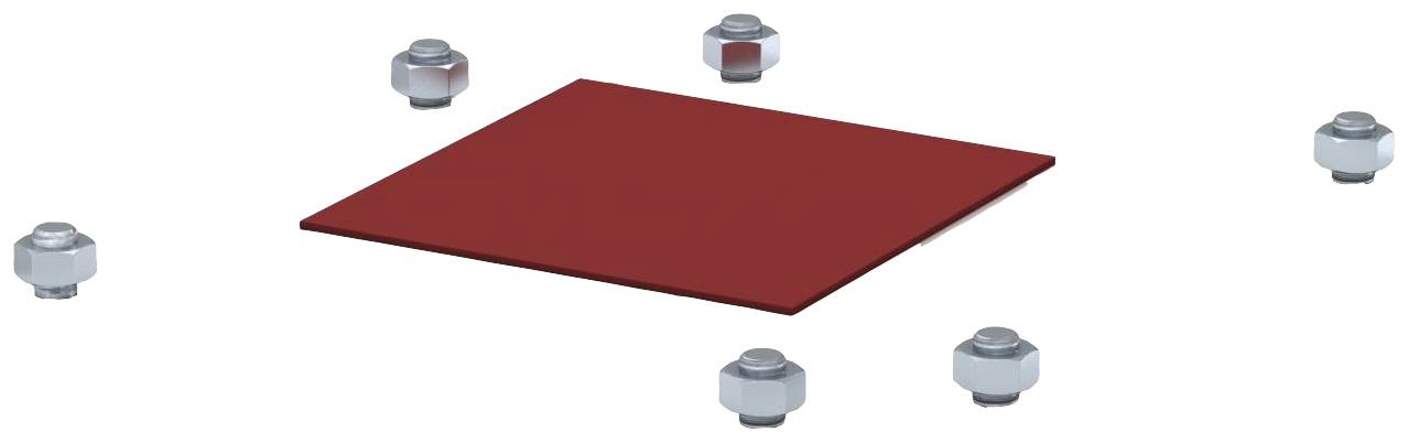 Sei viti circondano una piastra quadrata rossa su sfondo bianco.