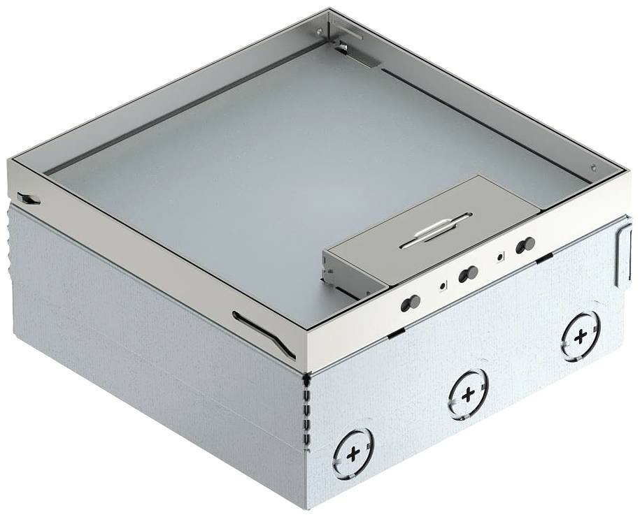 Scatola di connessione metallica con coperchio removibile e multiple perforazioni sui lati per l'ingresso dei cavi.