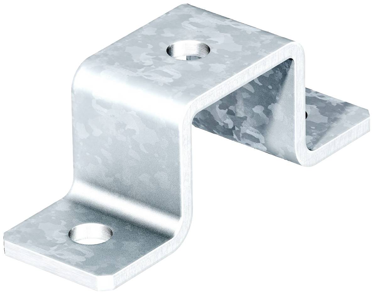 Angolare metallico zincato con due fori, piegato a forma di Z. Utilizzato per il fissaggio o il montaggio in progetti edili.