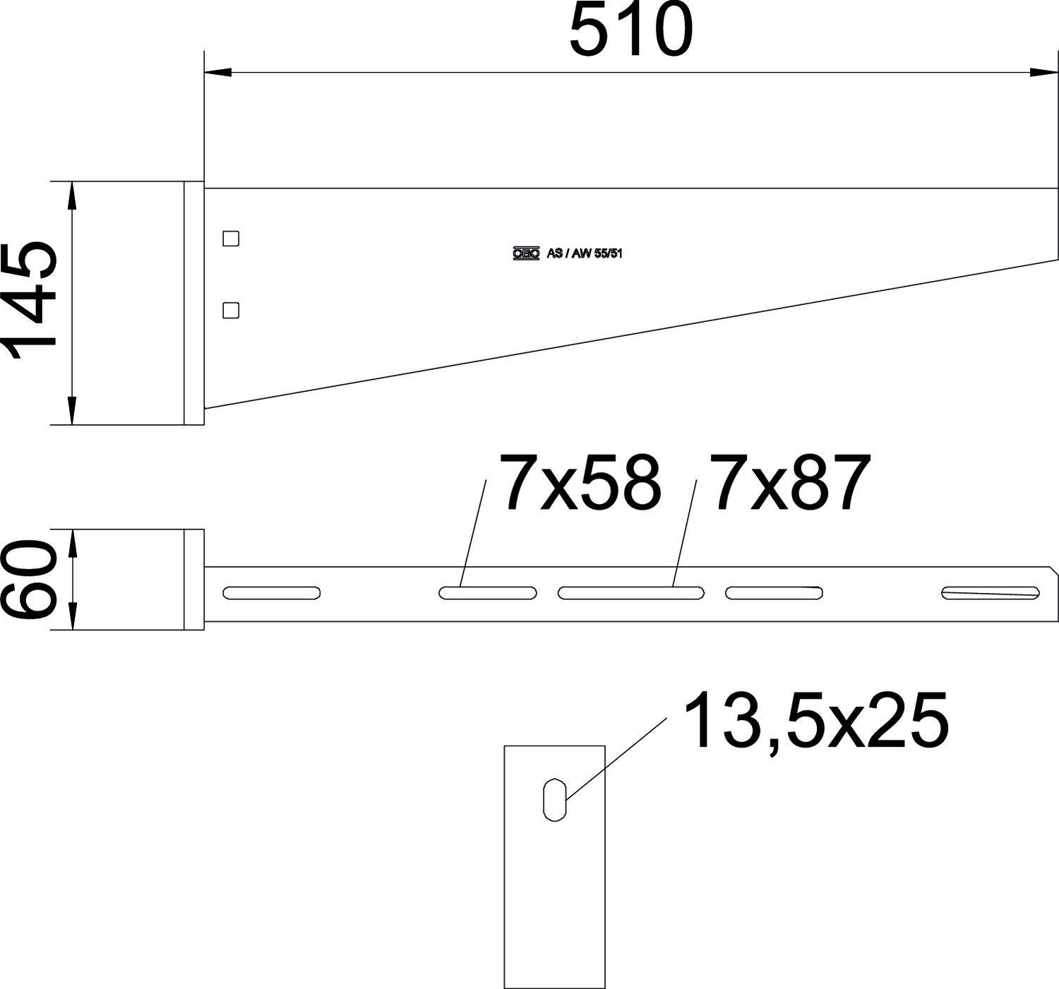 Disegno tecnico di un supporto per scaffale con misure: Altezza 145 mm, Lunghezza 510 mm. Fori: 7x58, 7x87, 13,5x25 mm.