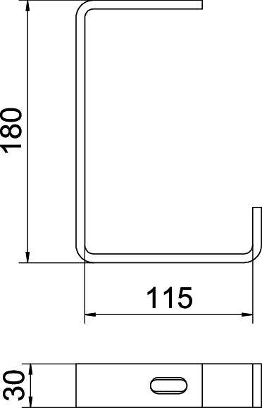 Disegno tecnico di una staffa metallica: sezione a U, altezza 180 mm, larghezza 115 mm, base 30 mm con apertura ovale.