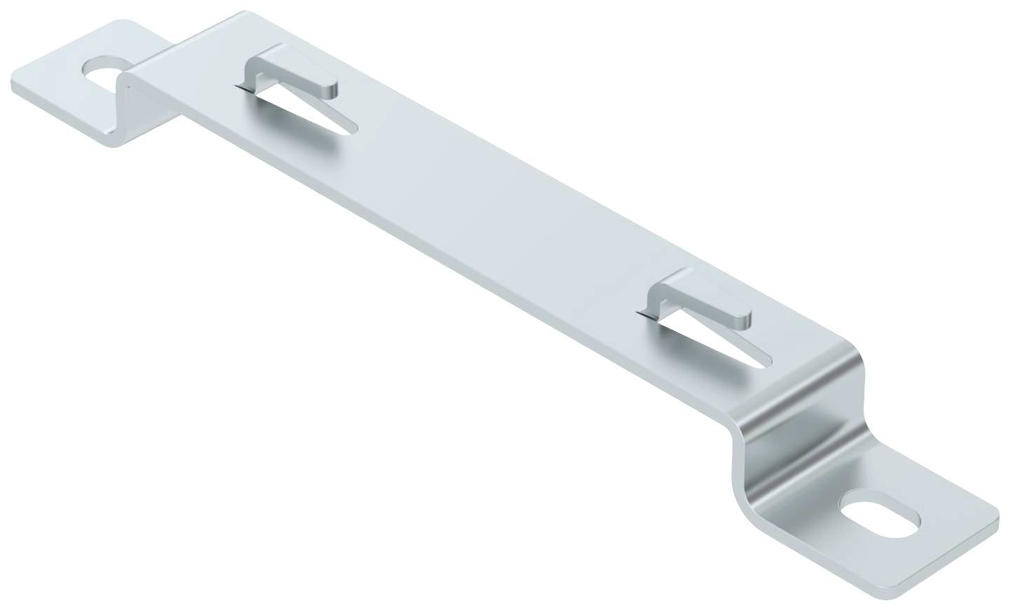 Angolare metallico con due fori per il fissaggio e sezione centrale rialzata. Utilizzato per stabilizzare strutture edili.