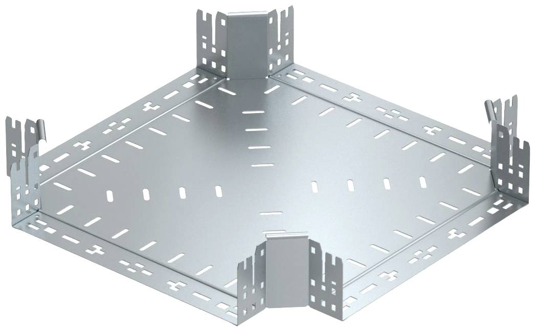 Modulo canalina metallica zincata a forma di L con quattro spigoli, idoneo per l'installazione di sistemi di cavi in edifici o ambienti industriali.